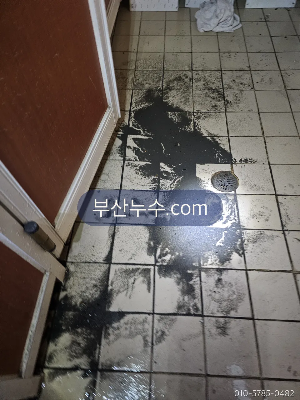 욕실 바닥에 물이 고여 번진 상태