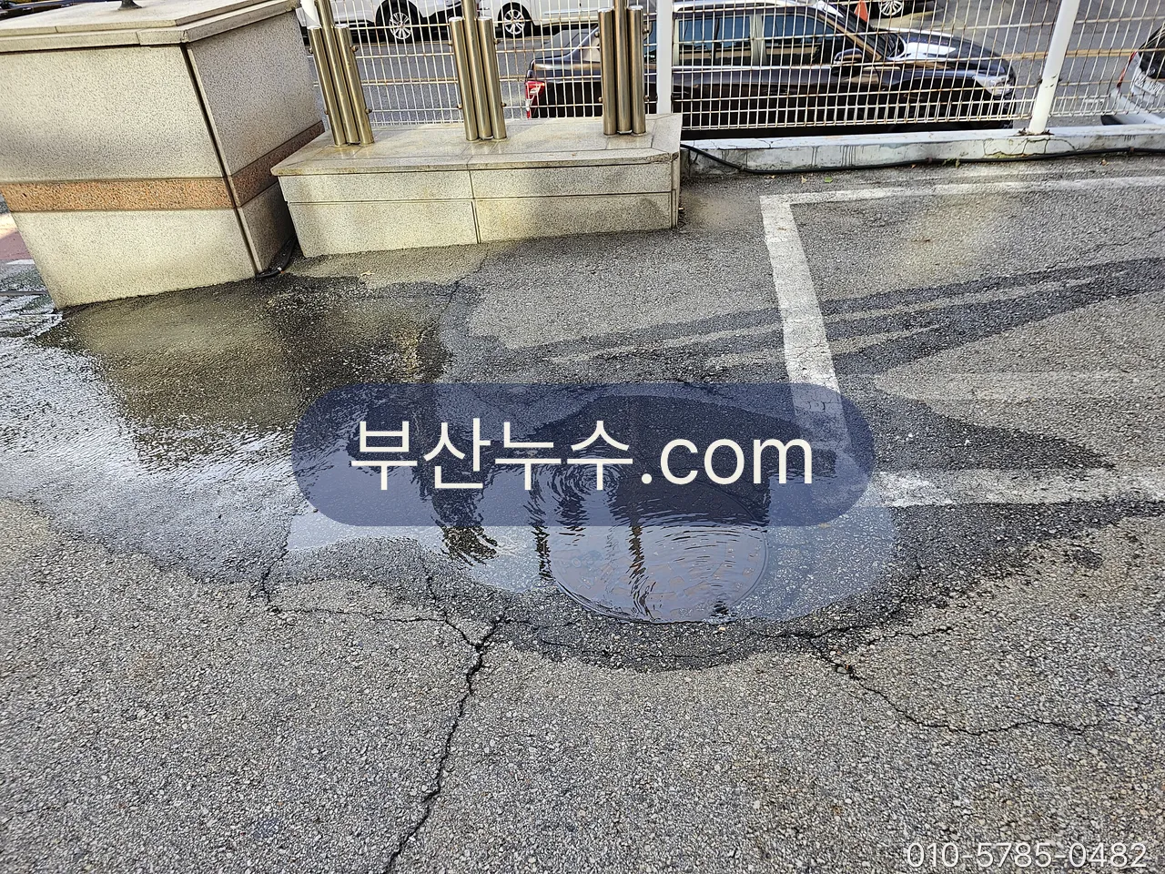 홈통 하단 배출구 아래 옥외 바닥에 고인 물
